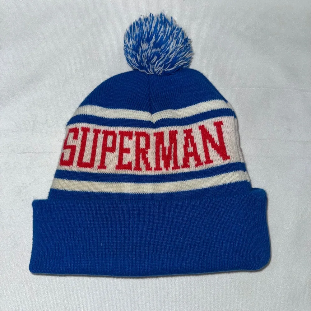 Superman Pom‎ Beanie Embroidered Logo DC Comics Blue White Striped Hat